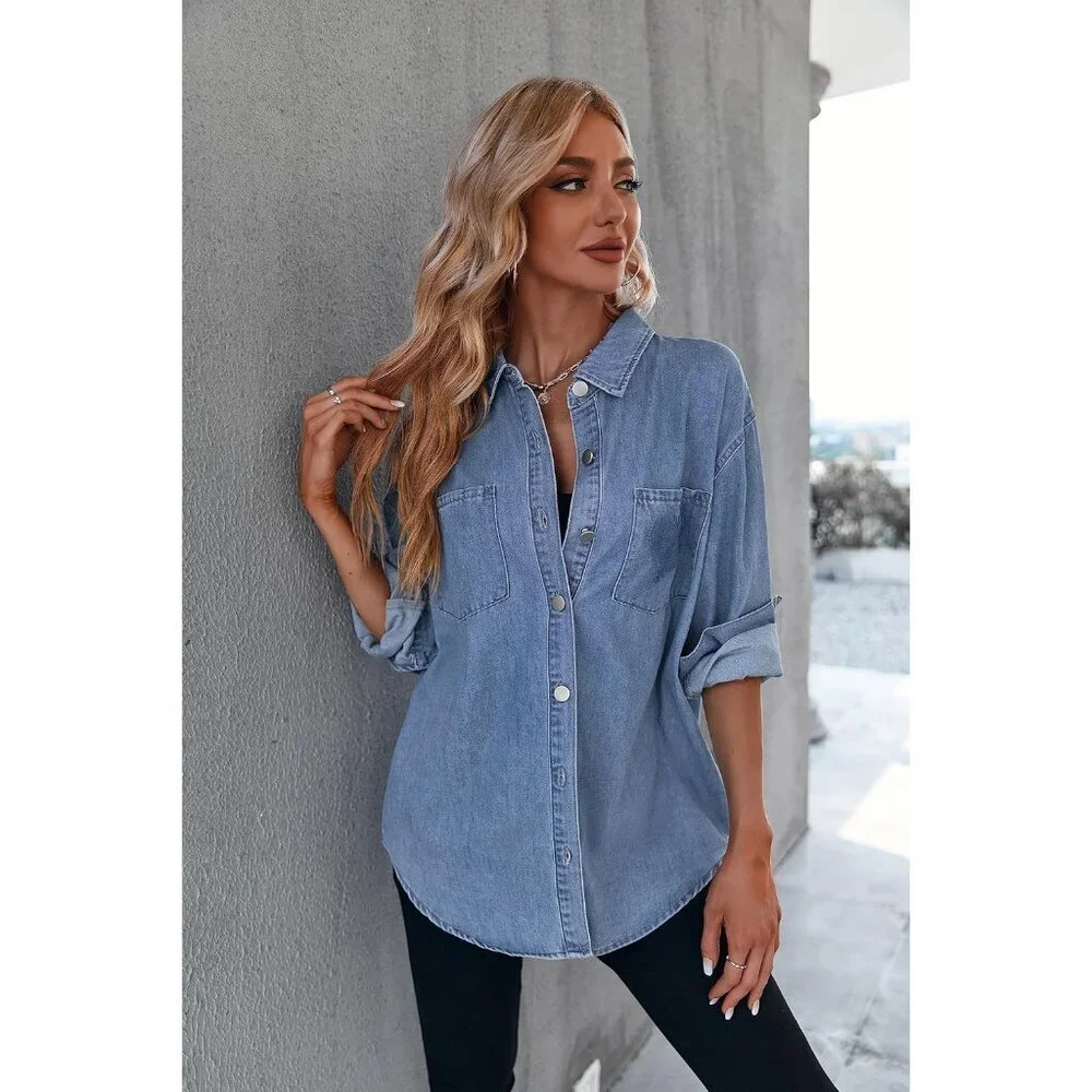 Women's Oversized Denim Shirt Long Sleeve Casual Button Down Pockets Light Blue - Picture 3 of 6